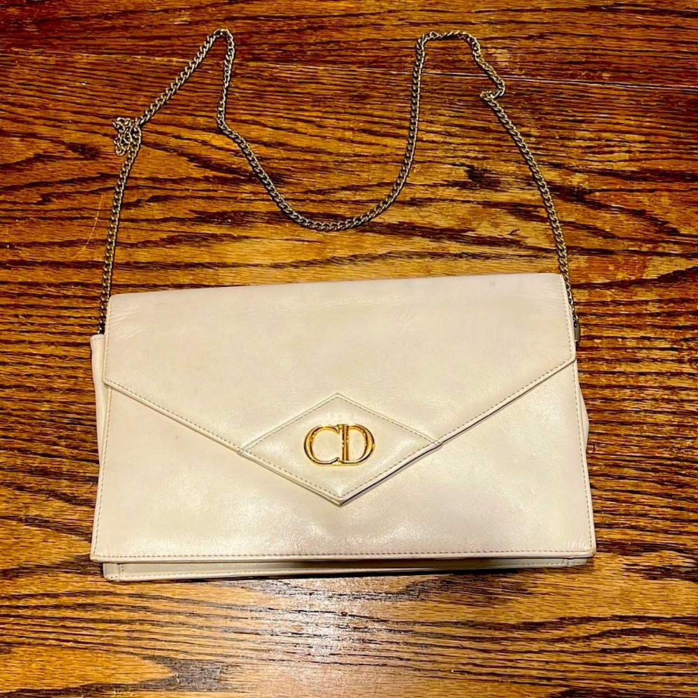 Vintage Dior Cream Envelope Flap Leather  Clutch with Chain